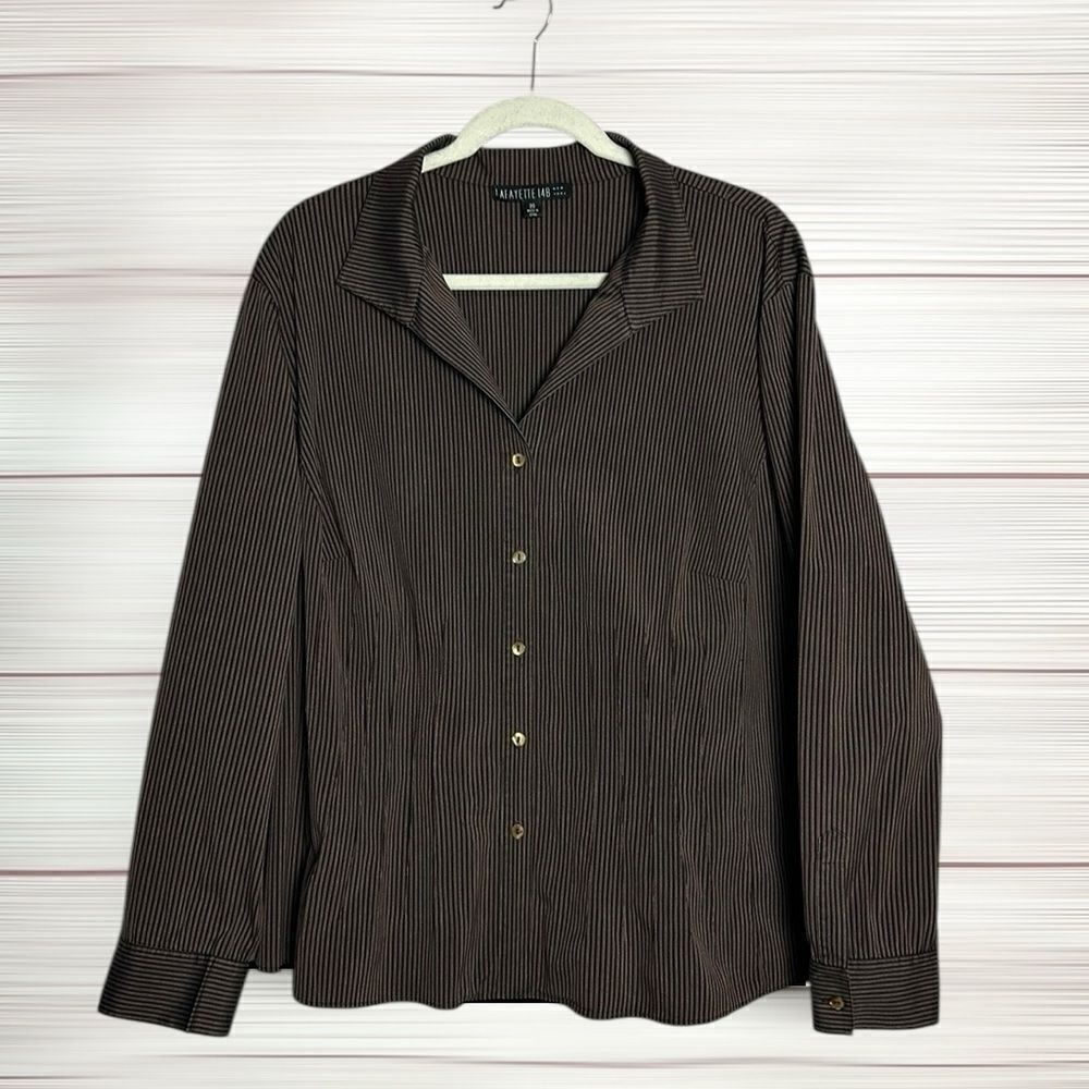 Lafayette 148 Cotton Blend Blouse Button Front Shirt Brown Striped V-neck US 20